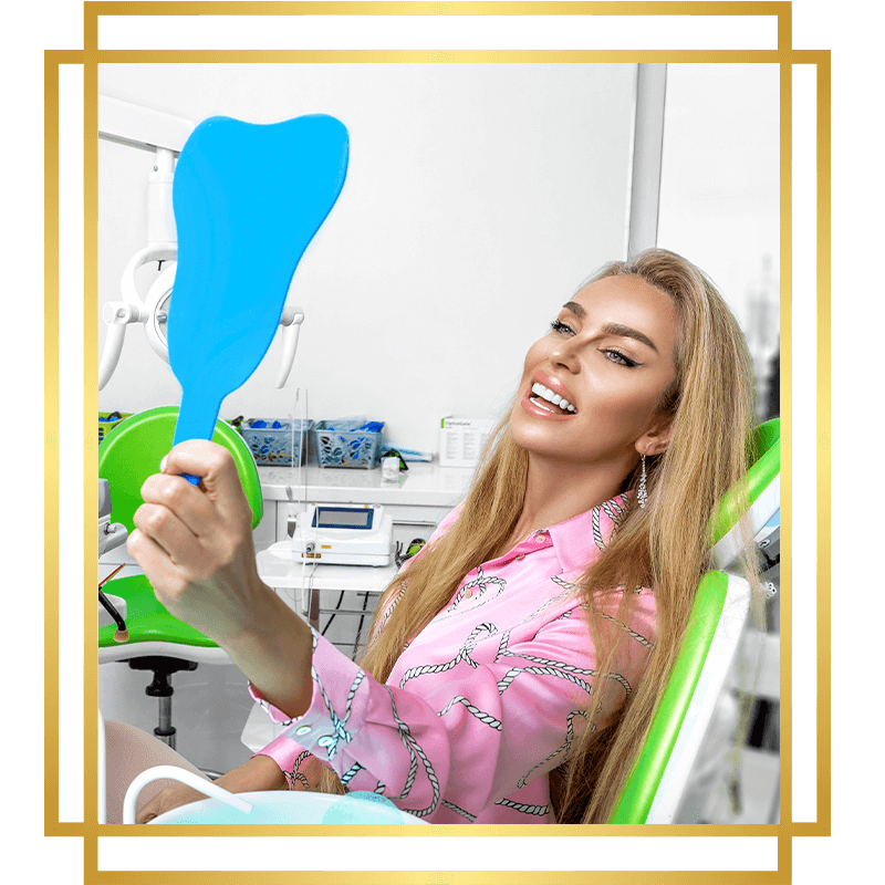 lady with beautiful smile pink shirt