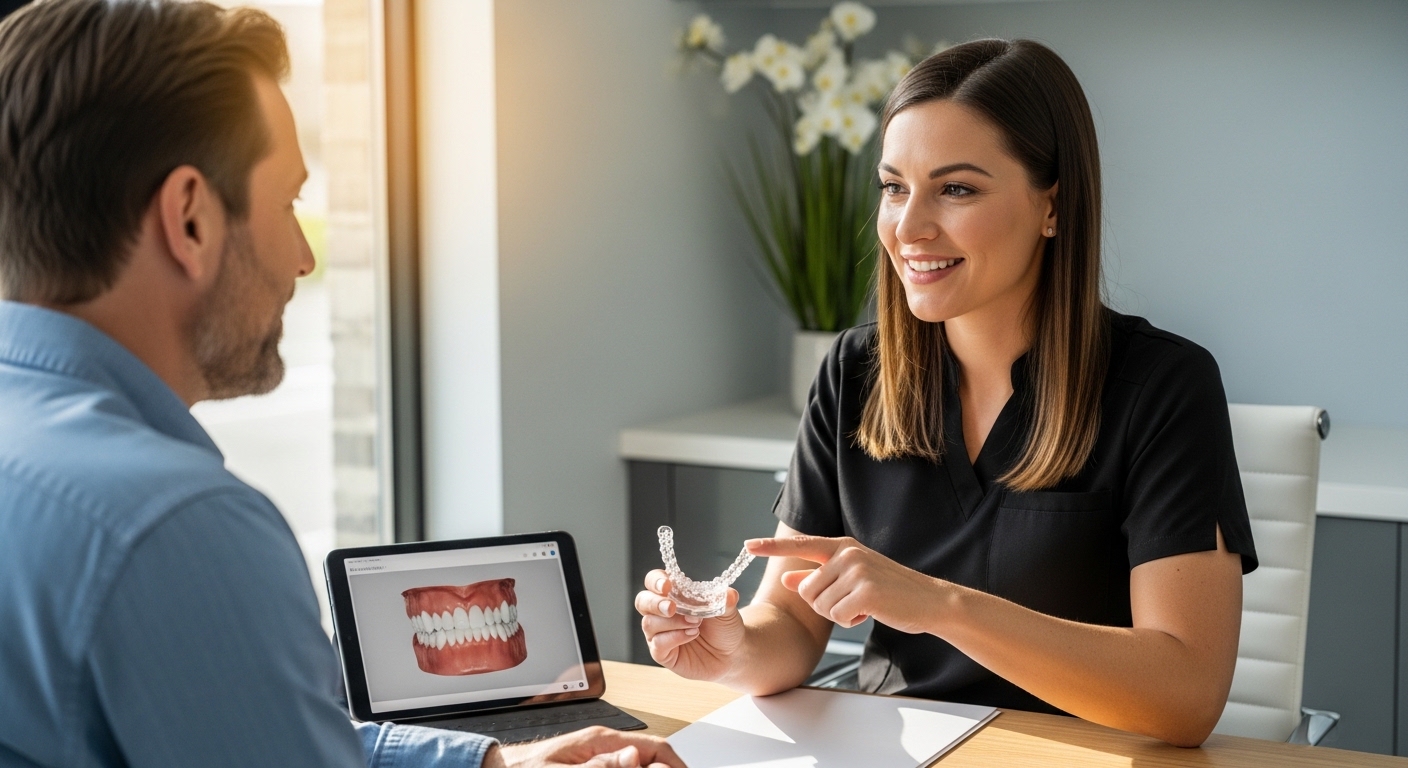 Patient consulting with dentist about Invisalign treatment options