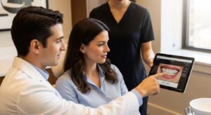 Dentist explaining veneer options to a patient in a modern office on the Upper East Side