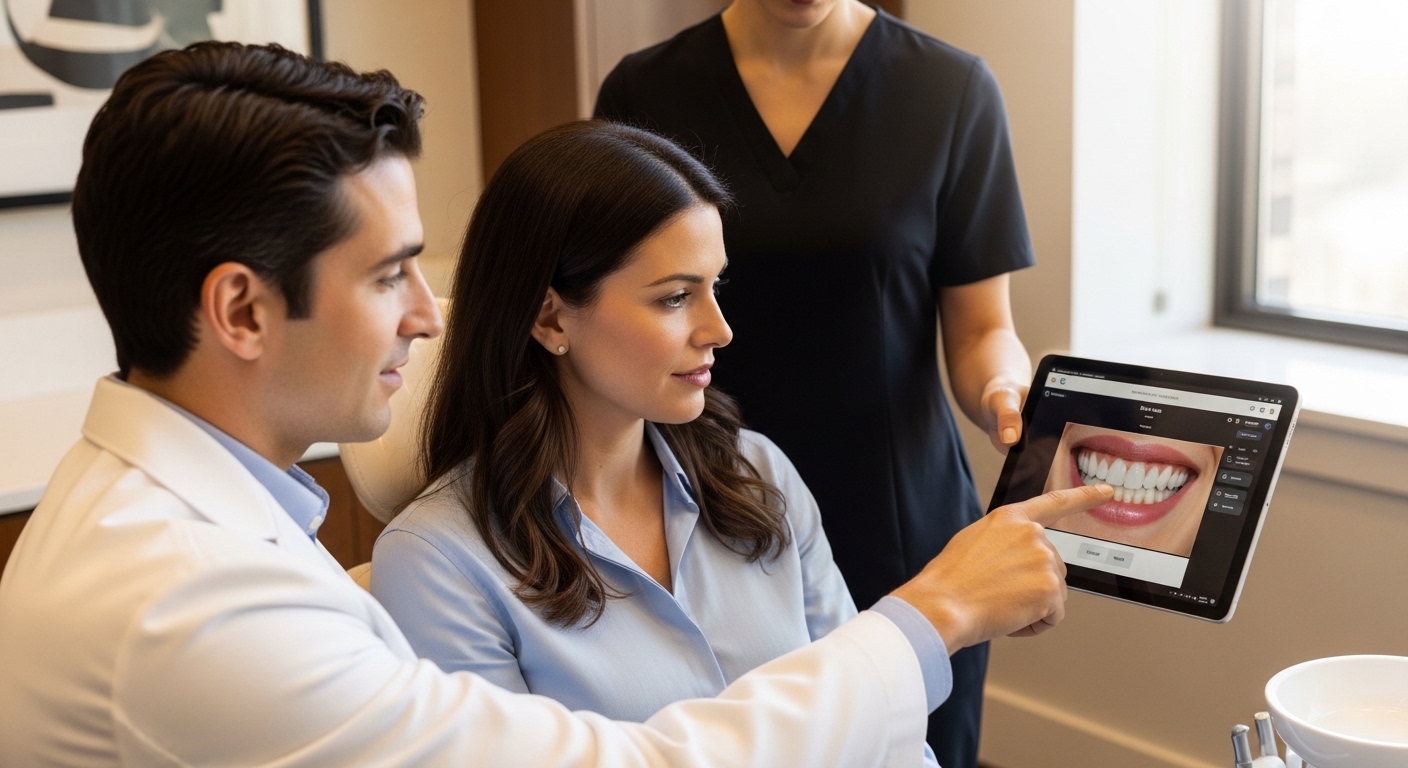 Dentist explaining veneer options to a patient in a modern office on the Upper East Side