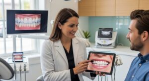 Dentist discussing Da Vinci Veneers treatment with a patient in a modern dental office