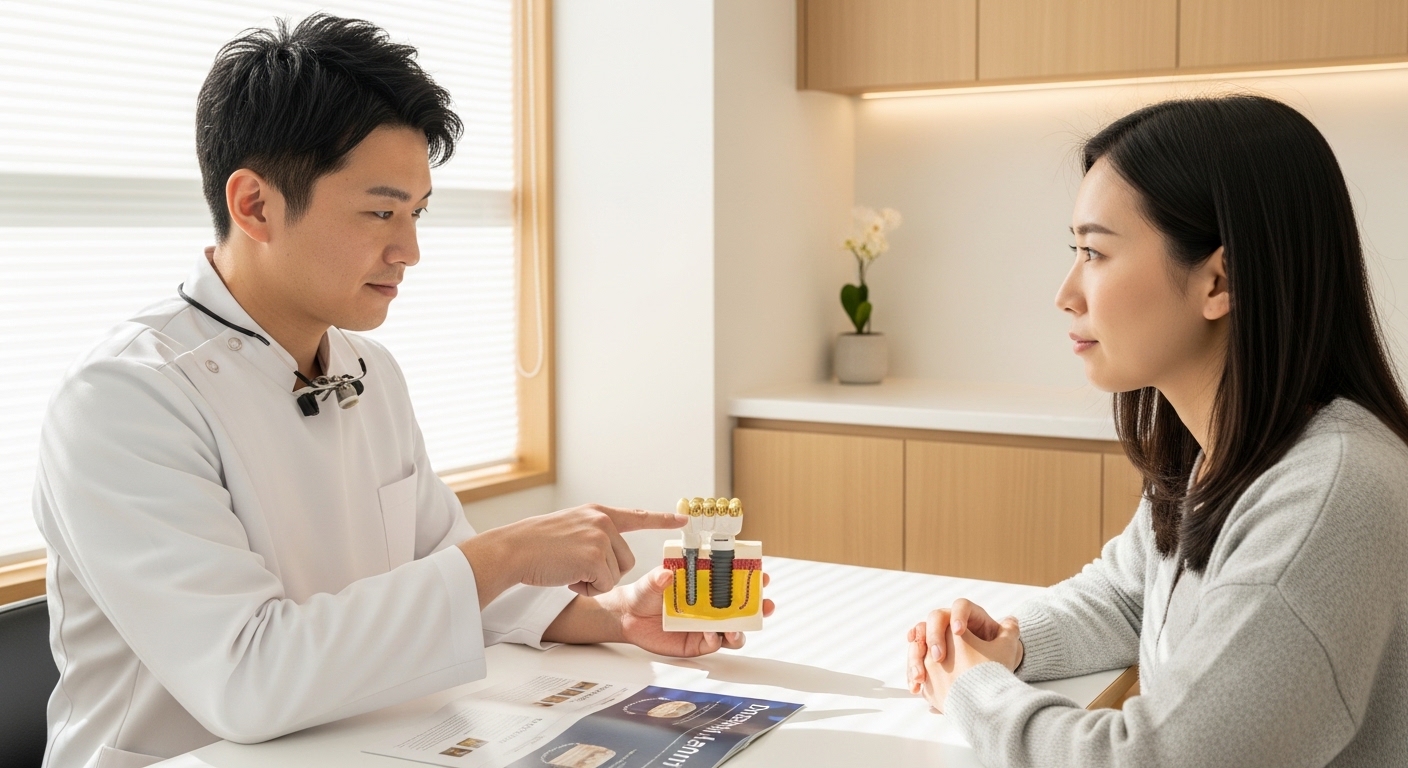 Dentist consulting about gold dental implants in a modern NYC dental office