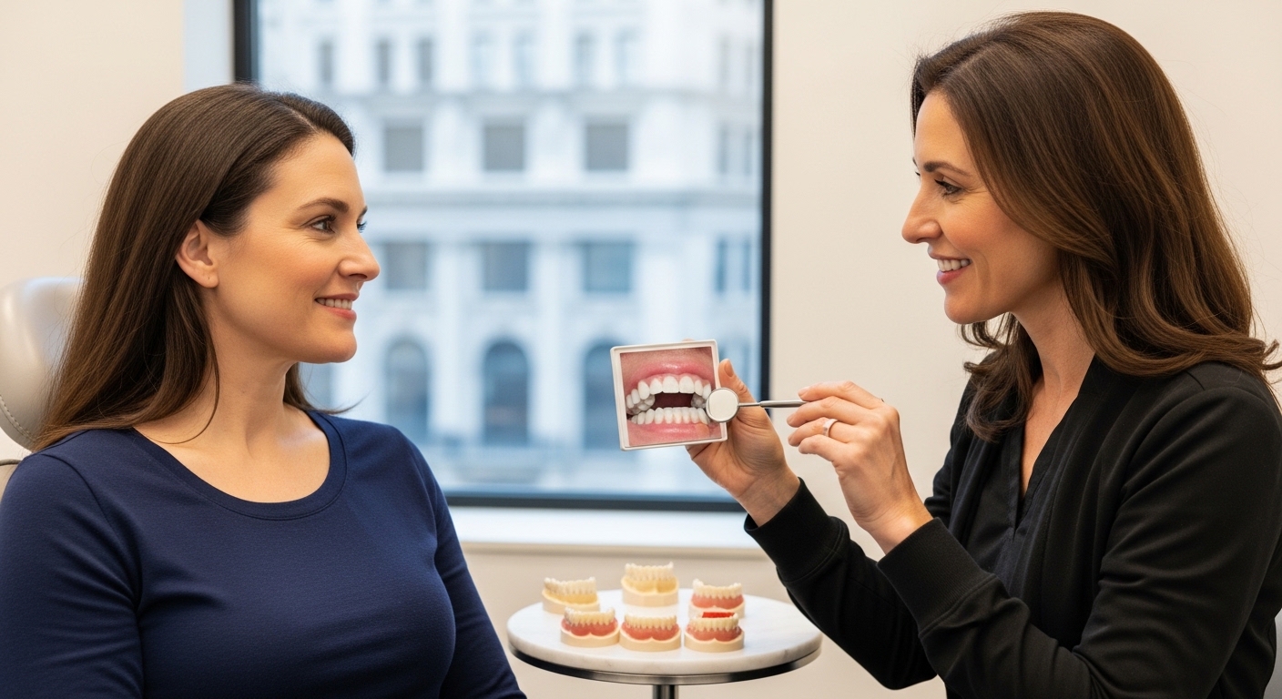 Dentist and patient discussing veneers in a modern Upper East Side clinic